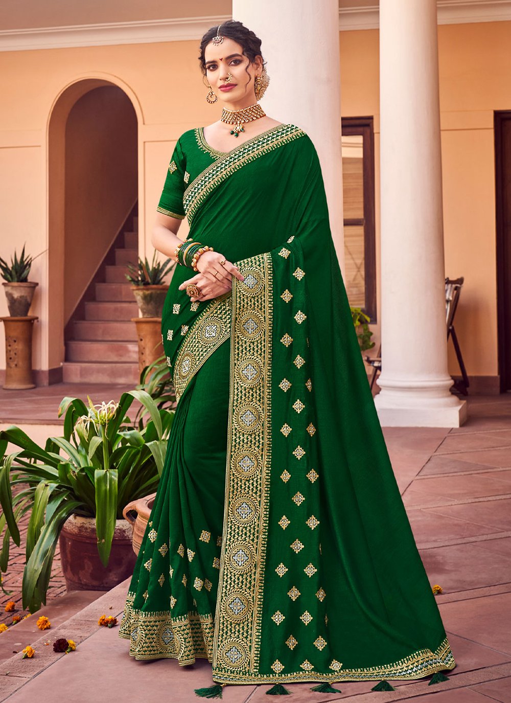 Classic Vichitra Silk Green Embroidered Saree