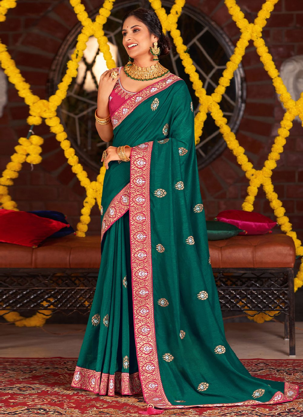 Trendy Saree Vichitra Silk Teal Embroidered Saree