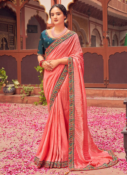 Trendy Saree Vichitra Silk Pink Embroidered Saree