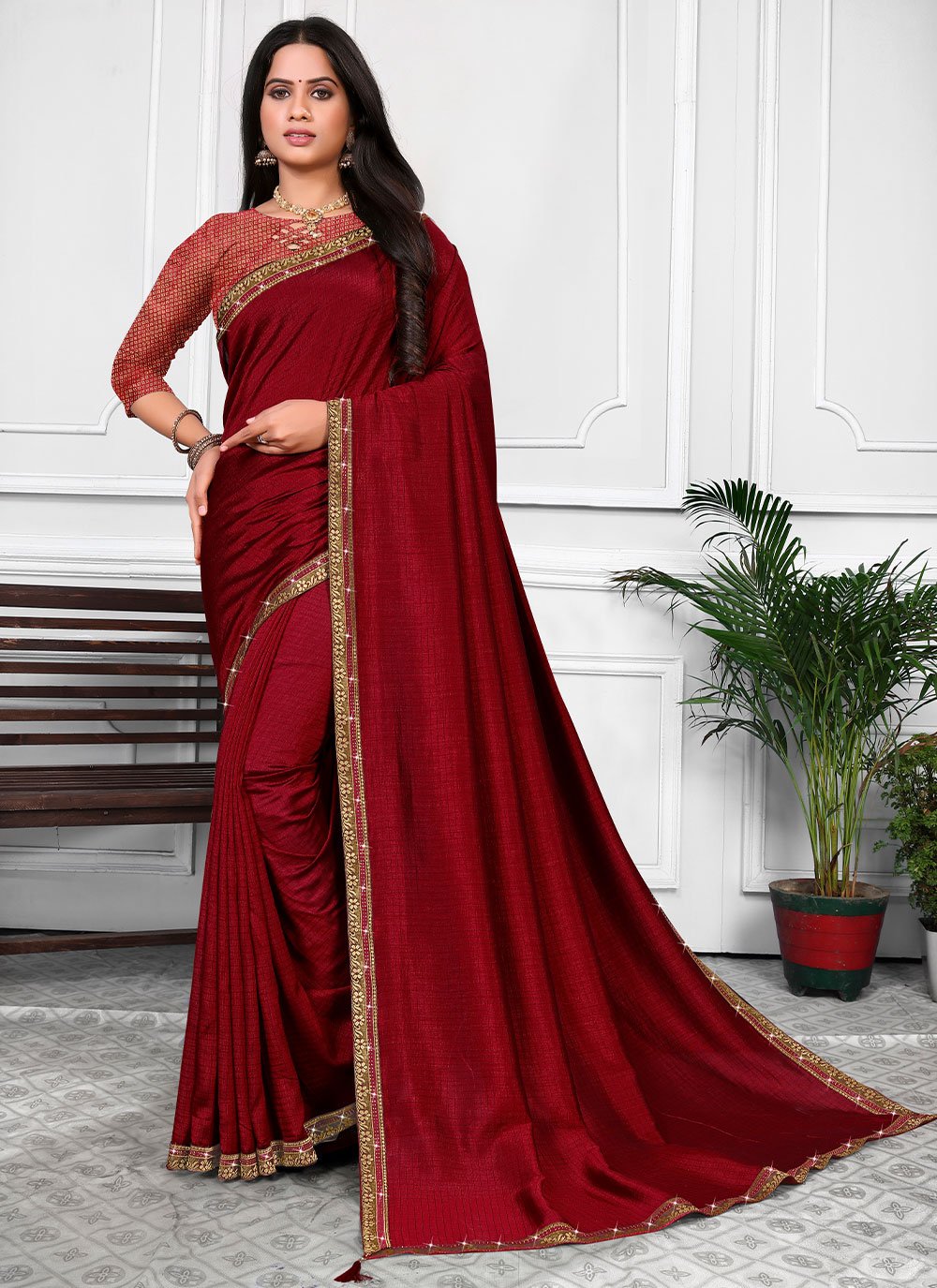 Casual Vichitra Silk Maroon Patch Border Saree