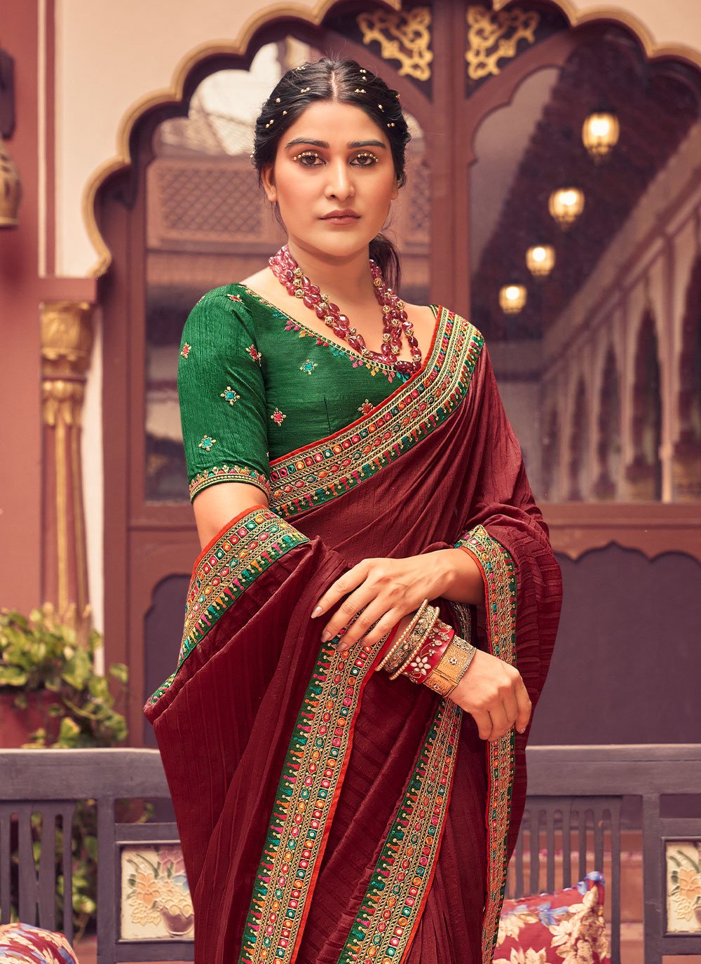 Classic Vichitra Silk Maroon Embroidered Saree