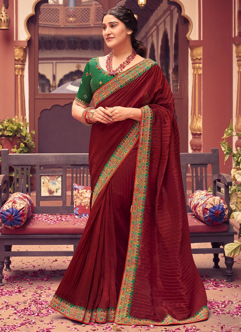 Classic Vichitra Silk Maroon Embroidered Saree