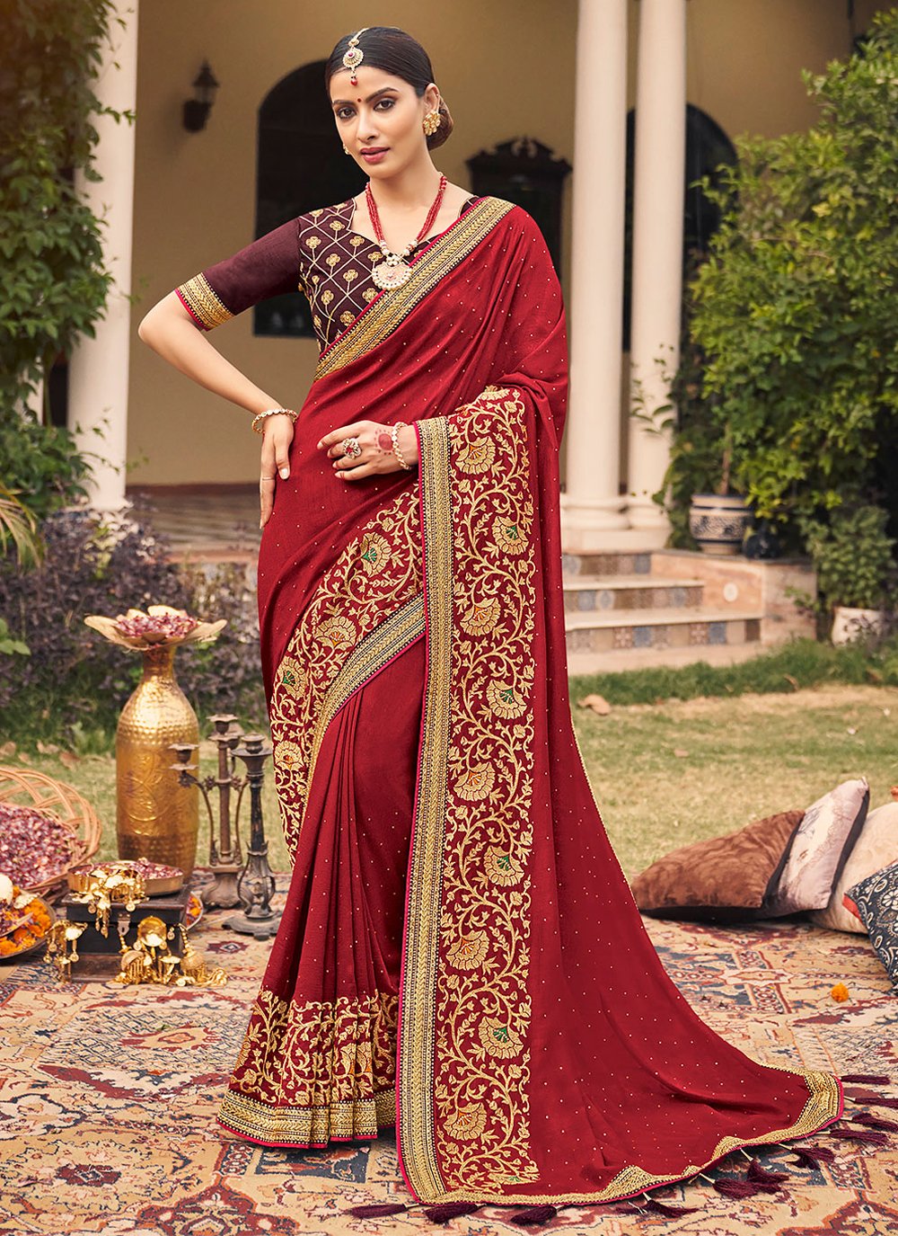 Classic Vichitra Silk Maroon Embroidered Saree
