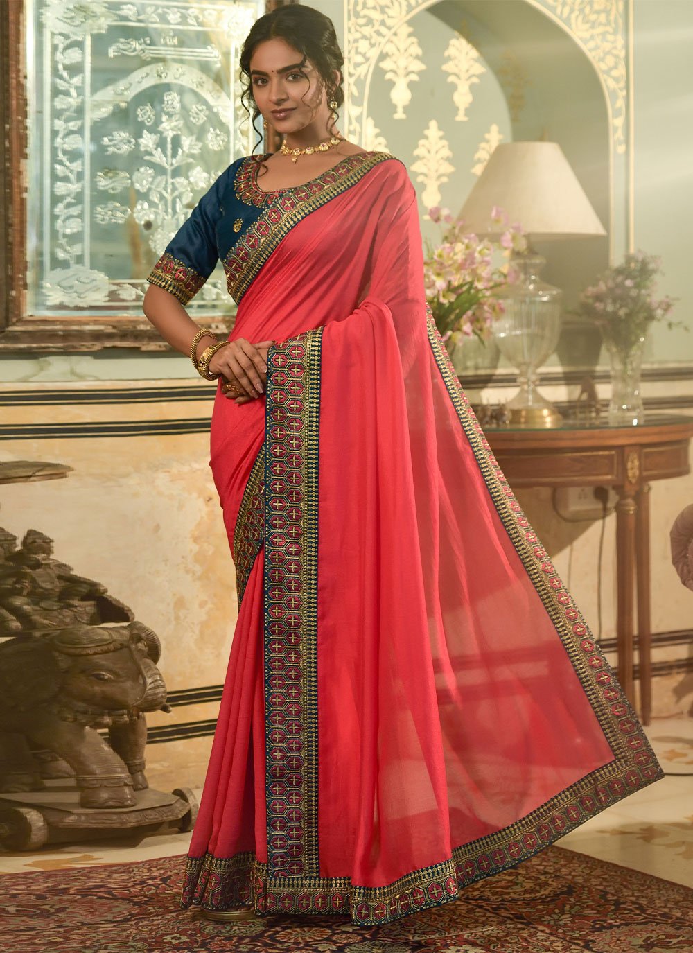 Classic Vichitra Silk Pink Embroidered Saree