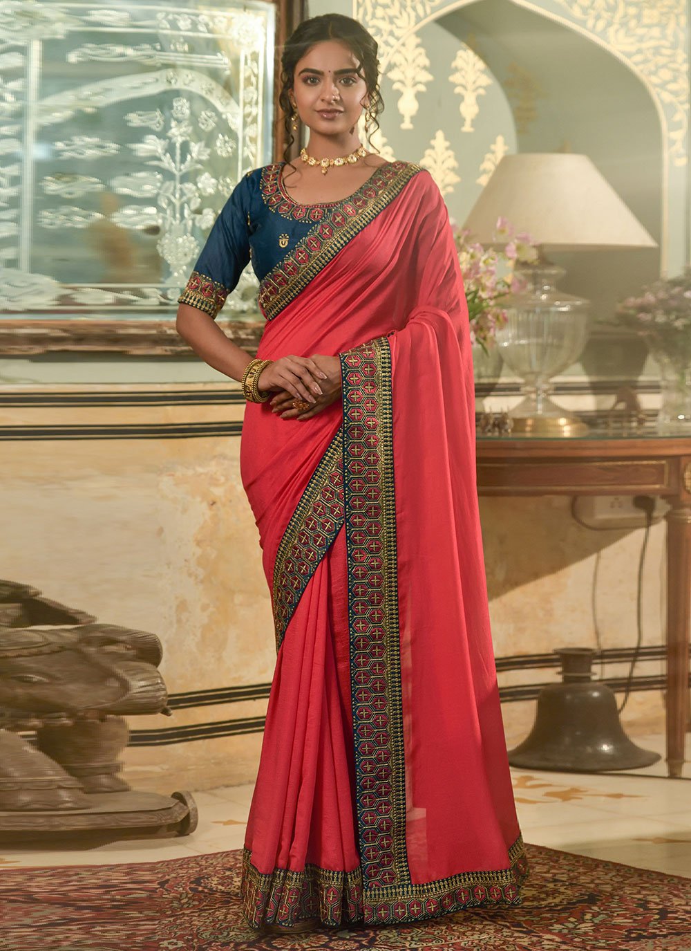 Classic Vichitra Silk Pink Embroidered Saree