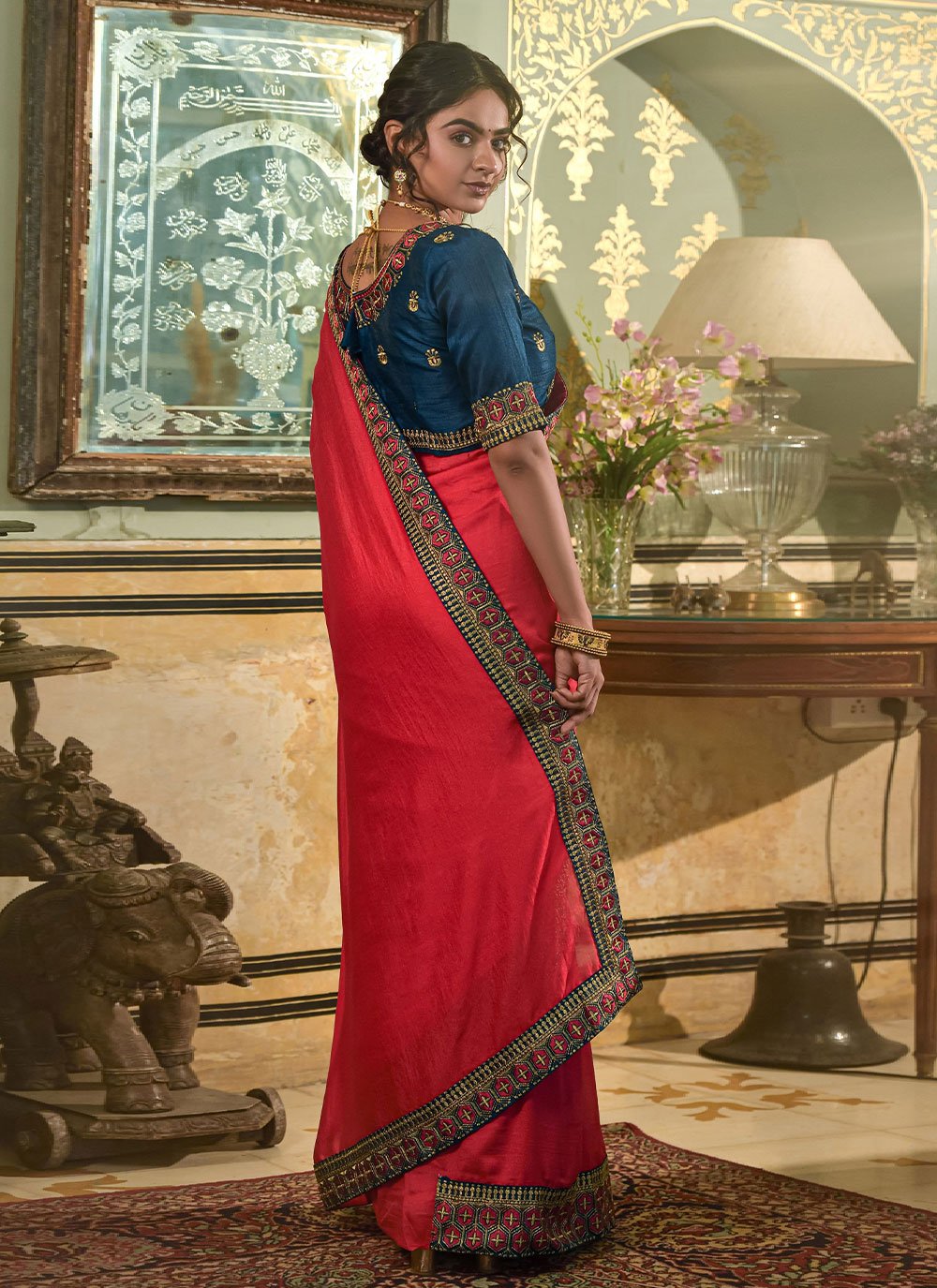 Classic Vichitra Silk Pink Embroidered Saree