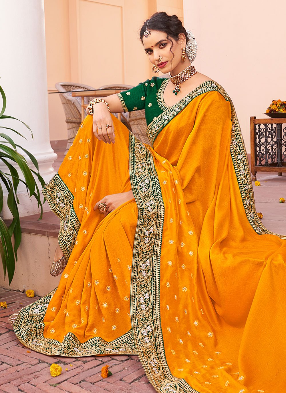 Contemporary Vichitra Silk Orange Embroidered Saree