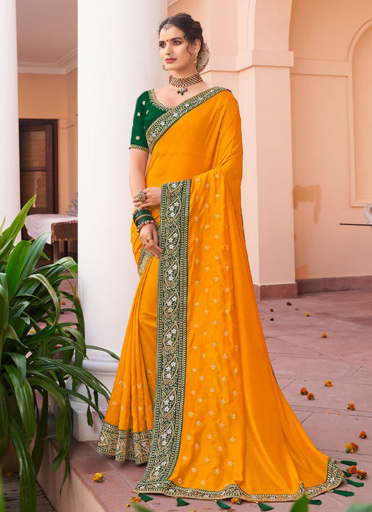 Contemporary Vichitra Silk Orange Embroidered Saree