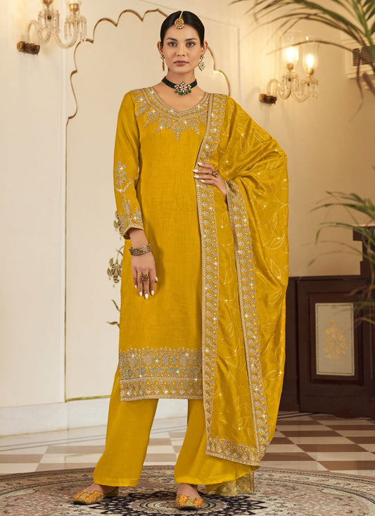 Pakistani Salwar Suit Vichitra Silk Mustard Embroidered Salwar Kameez