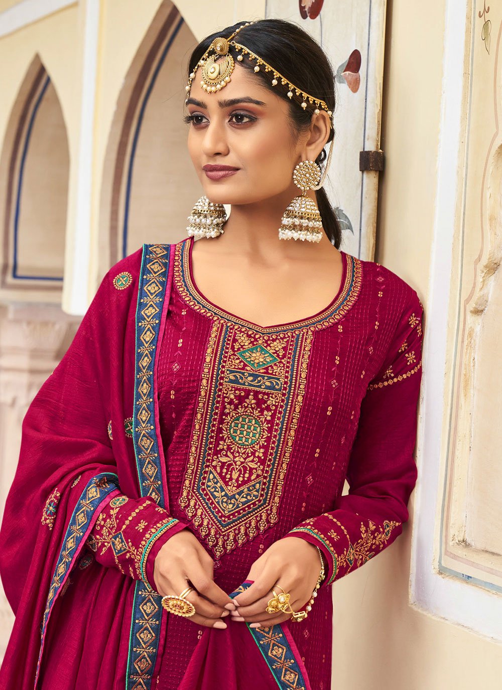 Palazzo Salwar Suit Vichitra Silk Rani Embroidered Salwar Kameez