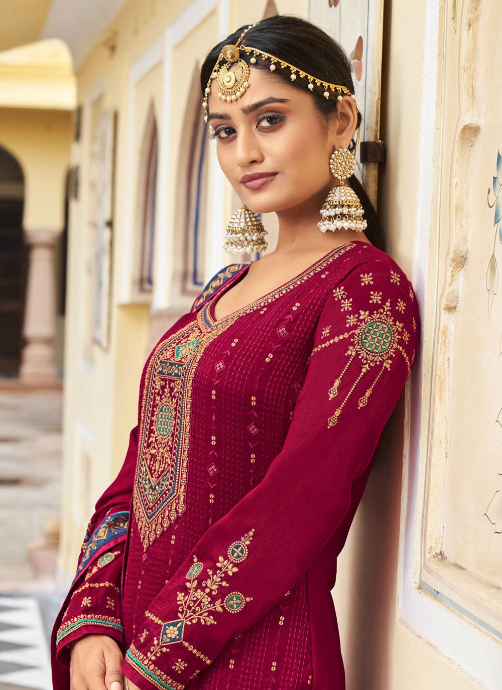 Palazzo Salwar Suit Vichitra Silk Rani Embroidered Salwar Kameez