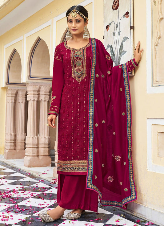 Palazzo Salwar Suit Vichitra Silk Rani Embroidered Salwar Kameez