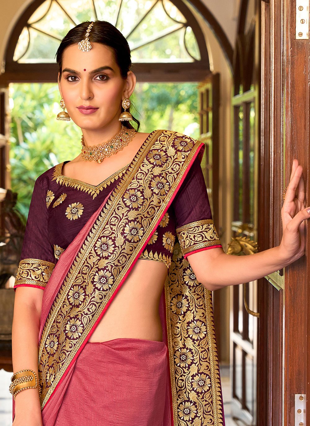 Contemporary Vichitra Silk Pink Embroidered Saree