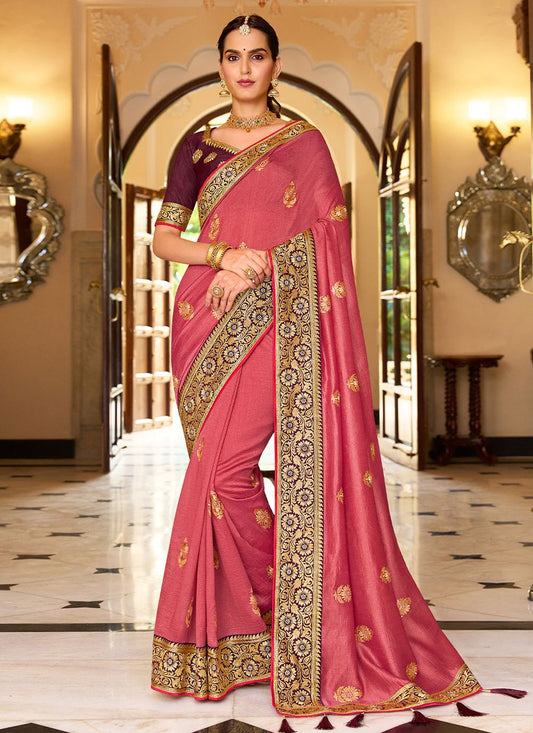 Contemporary Vichitra Silk Pink Embroidered Saree