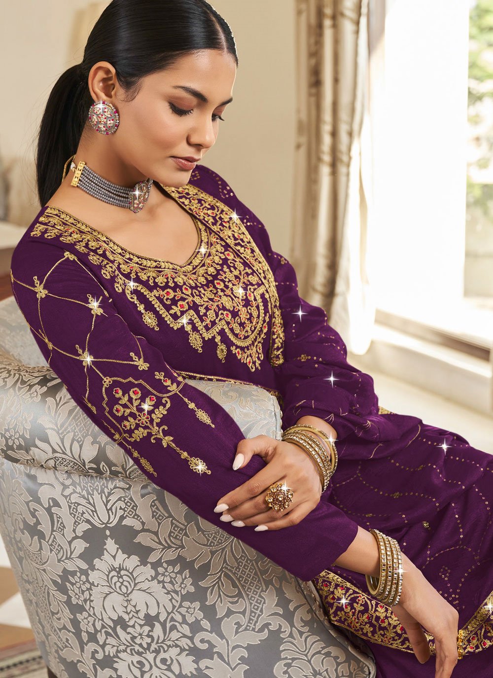 Trendy Suit Vichitra Silk Purple Embroidered Salwar Kameez