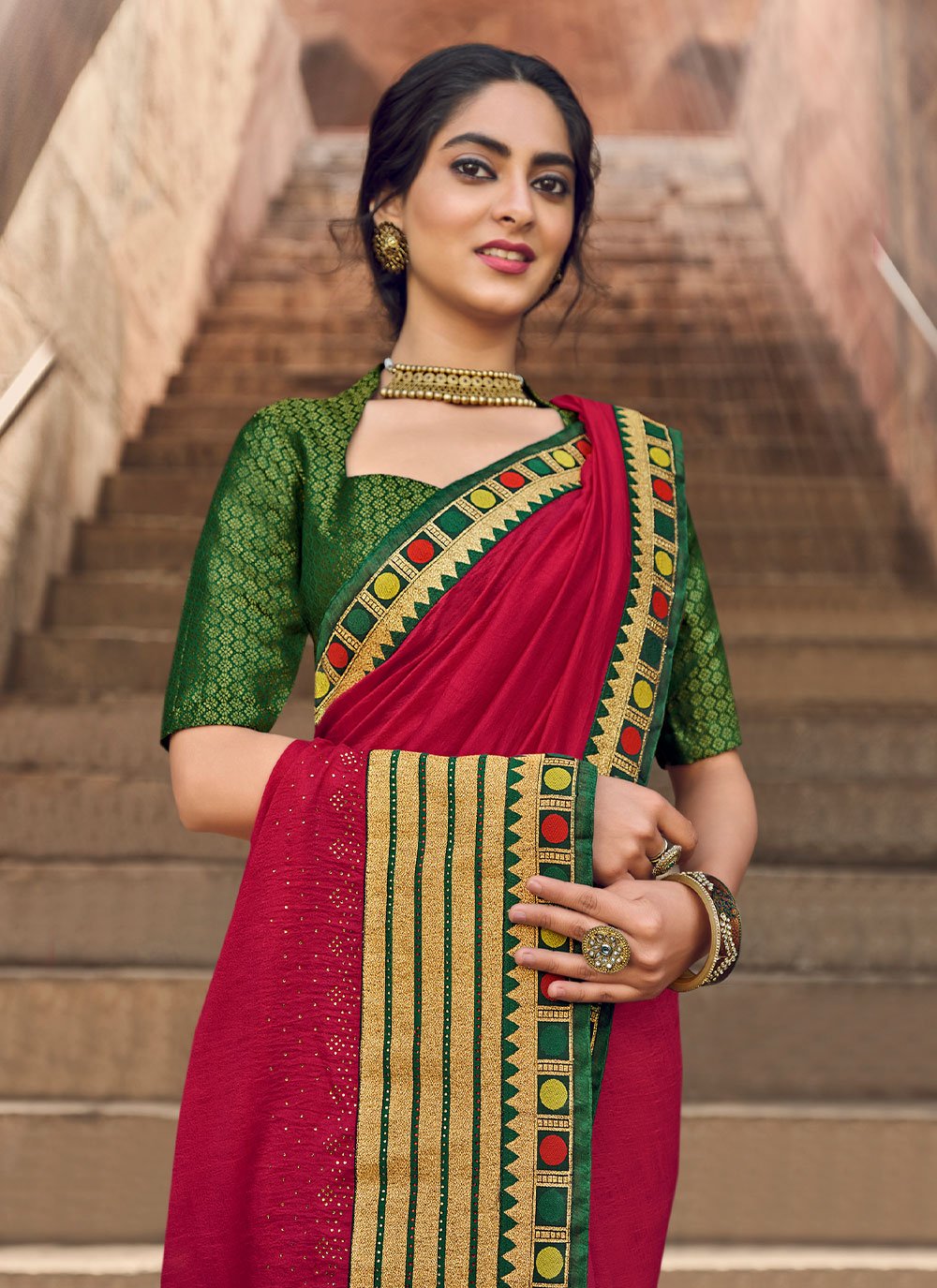 Classic Vichitra Silk Red Embroidered Saree