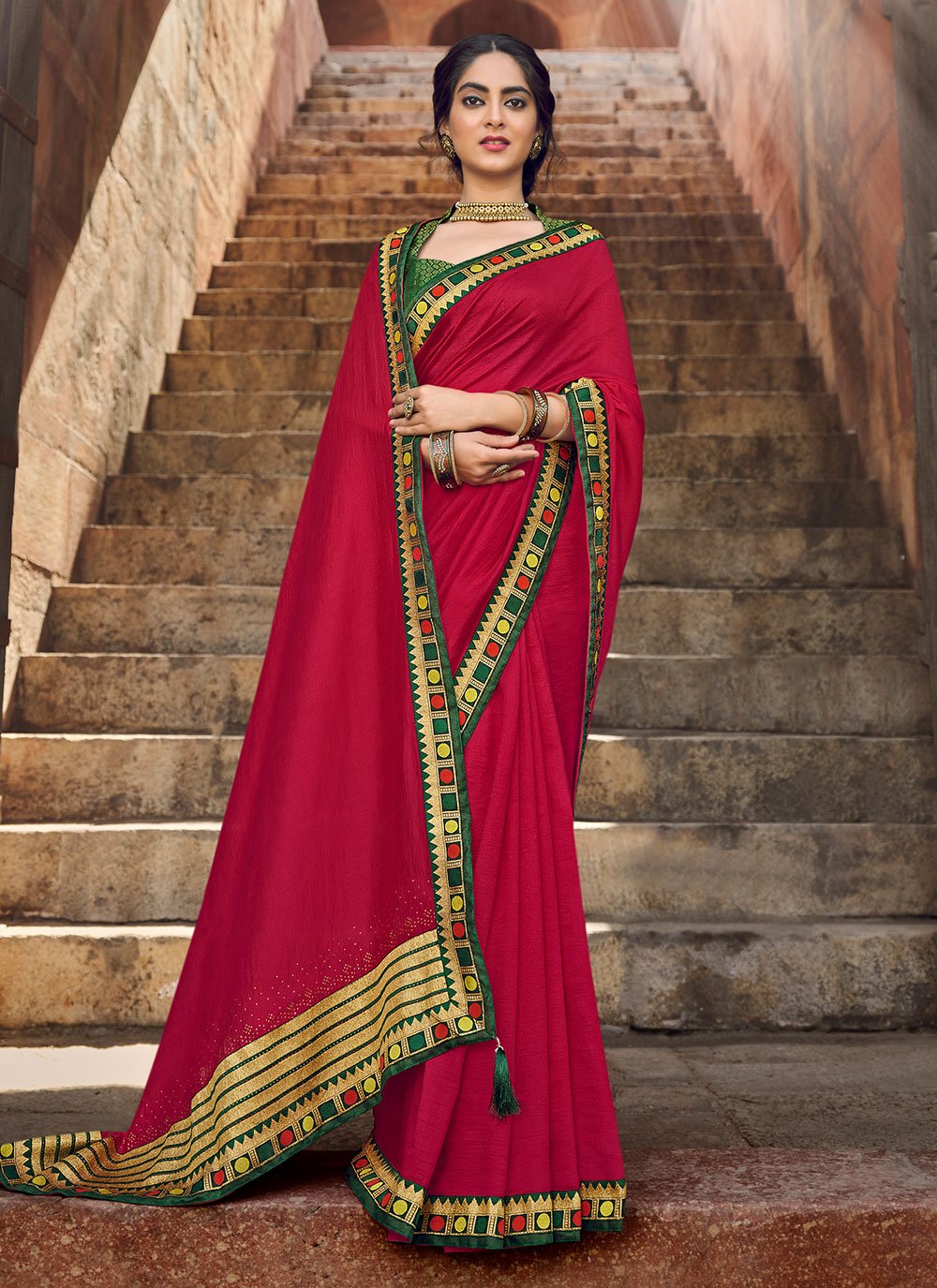 Classic Vichitra Silk Red Embroidered Saree