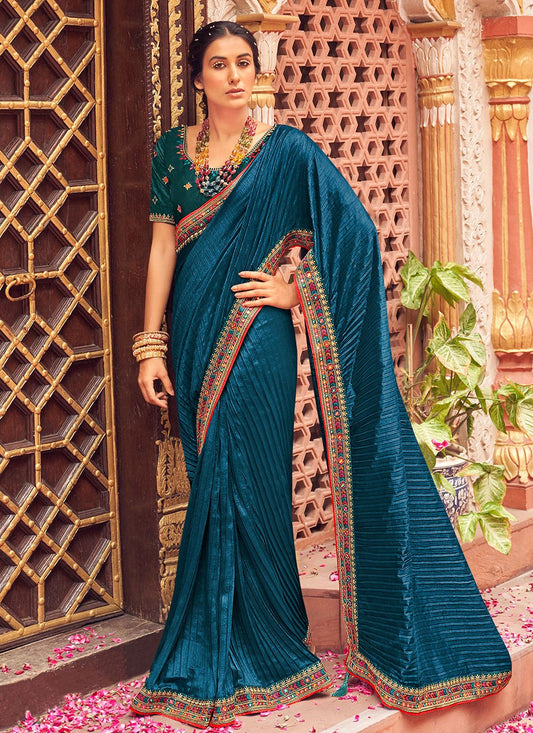 Classic Vichitra Silk Blue Embroidered Saree