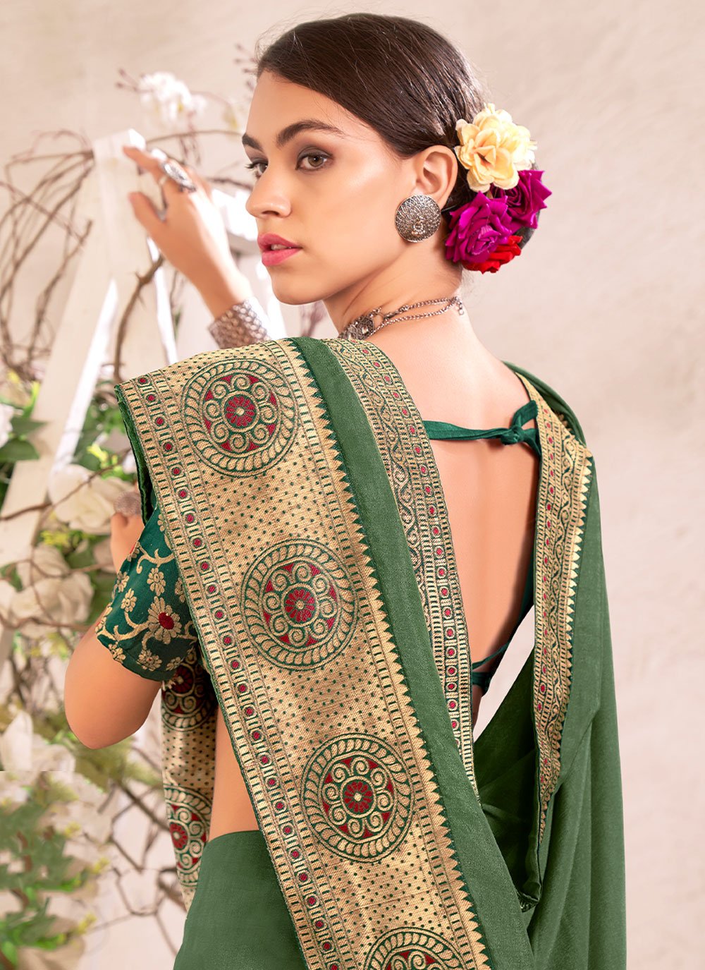 Trendy Saree Vichitra Silk Green Jacquard Work Saree