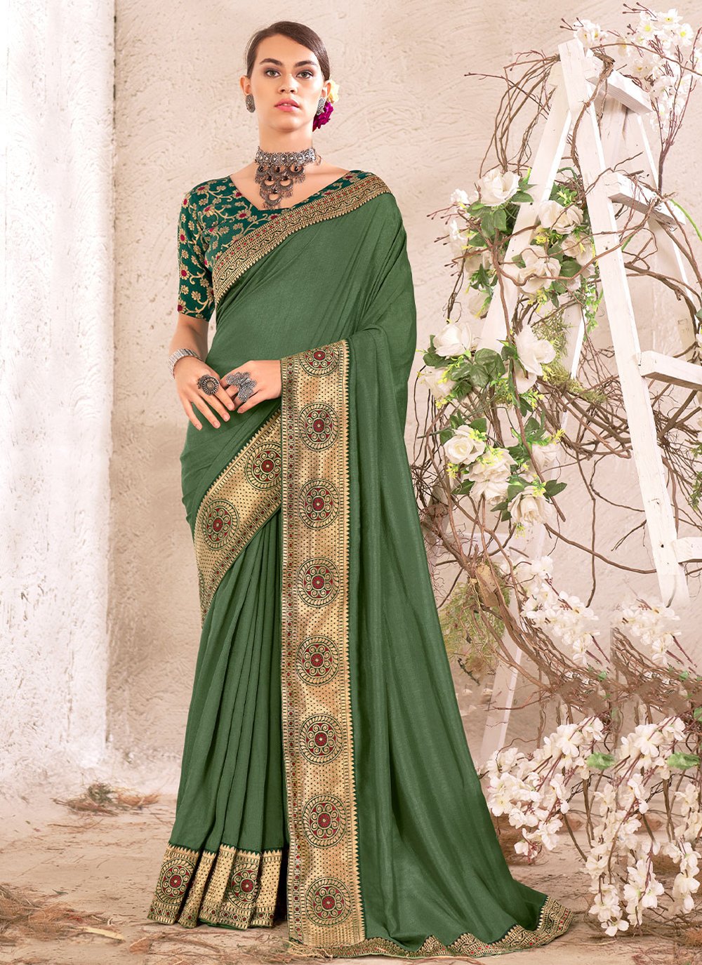 Trendy Saree Vichitra Silk Green Jacquard Work Saree