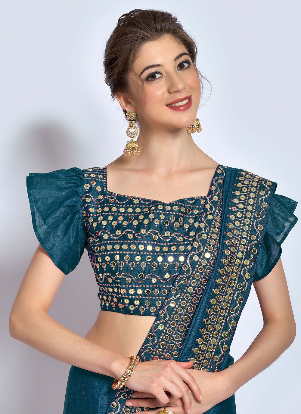 Classic Vichitra Silk Teal Embroidered Saree