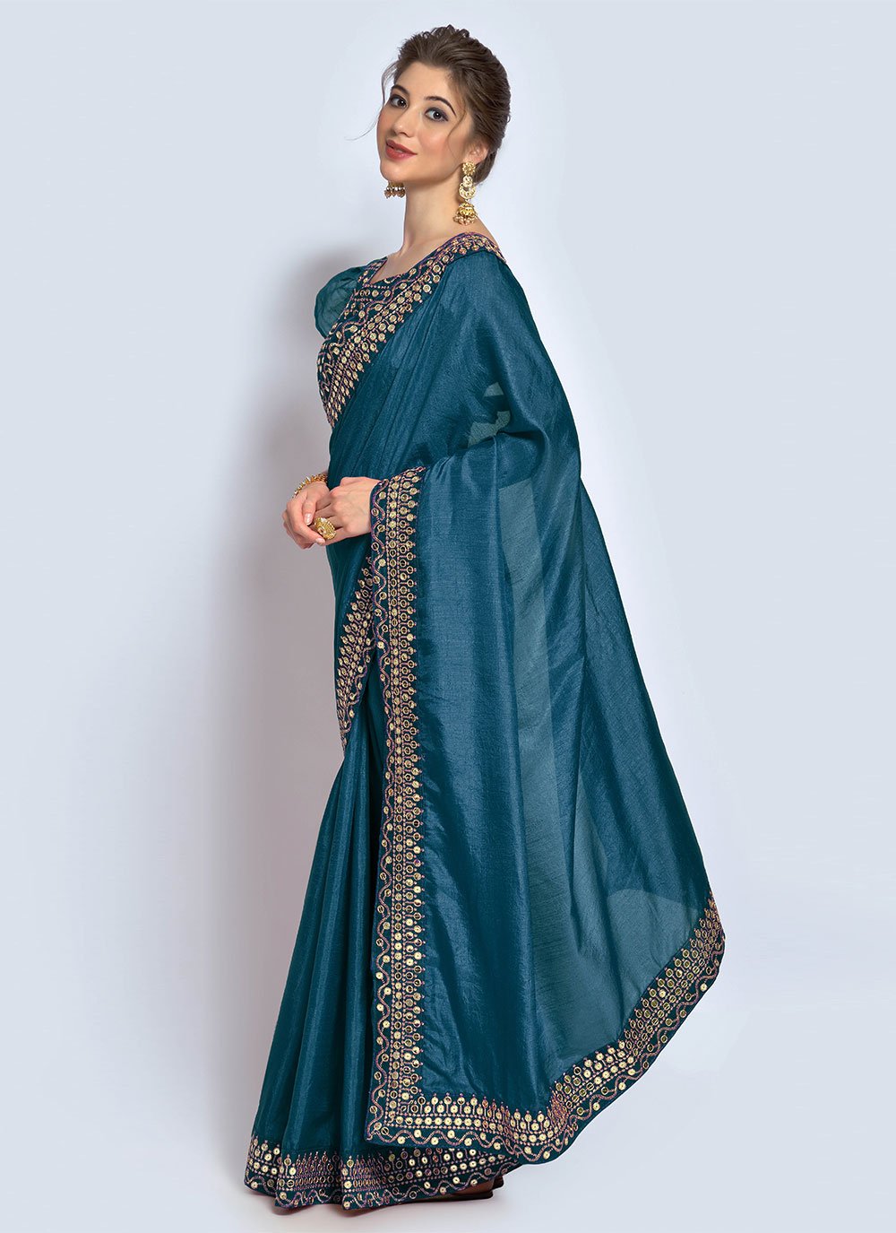 Classic Vichitra Silk Teal Embroidered Saree