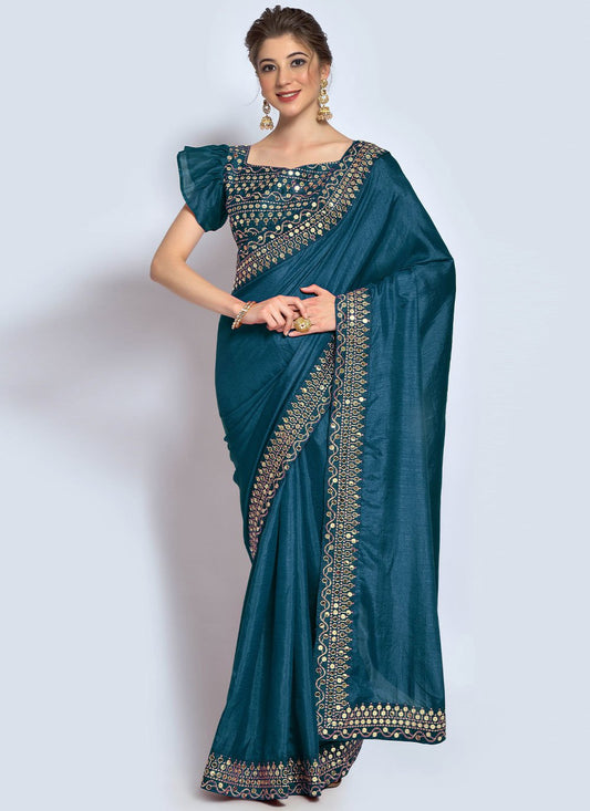 Classic Vichitra Silk Teal Embroidered Saree