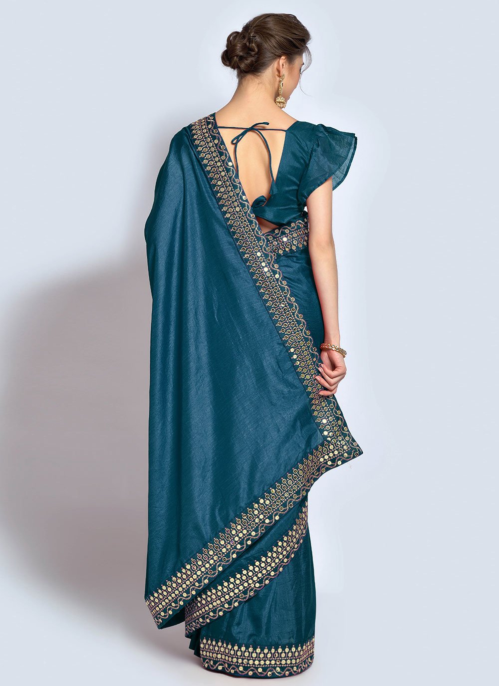 Classic Vichitra Silk Teal Embroidered Saree