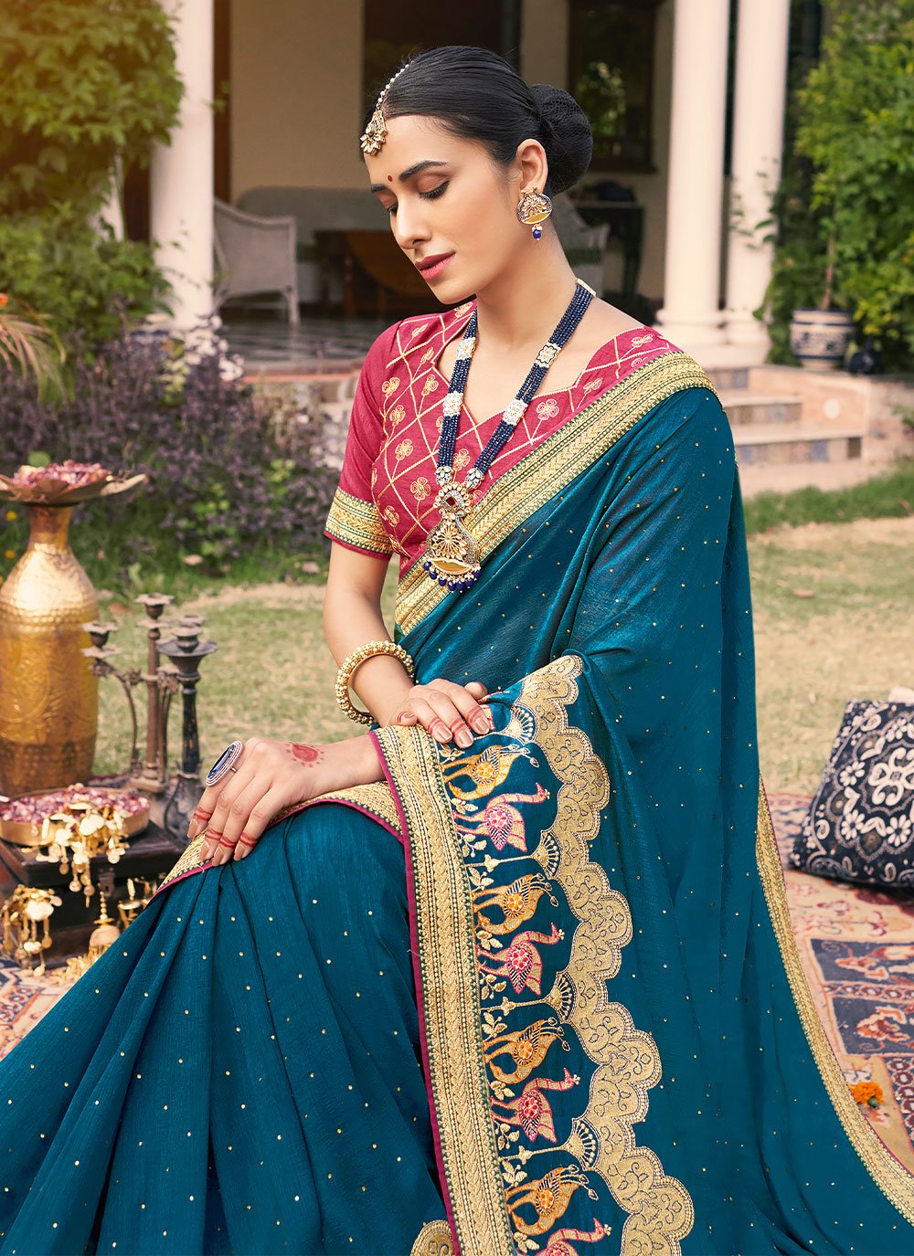 Classic Vichitra Silk Blue Aari Work Saree