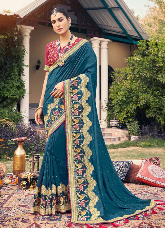 Classic Vichitra Silk Blue Aari Work Saree