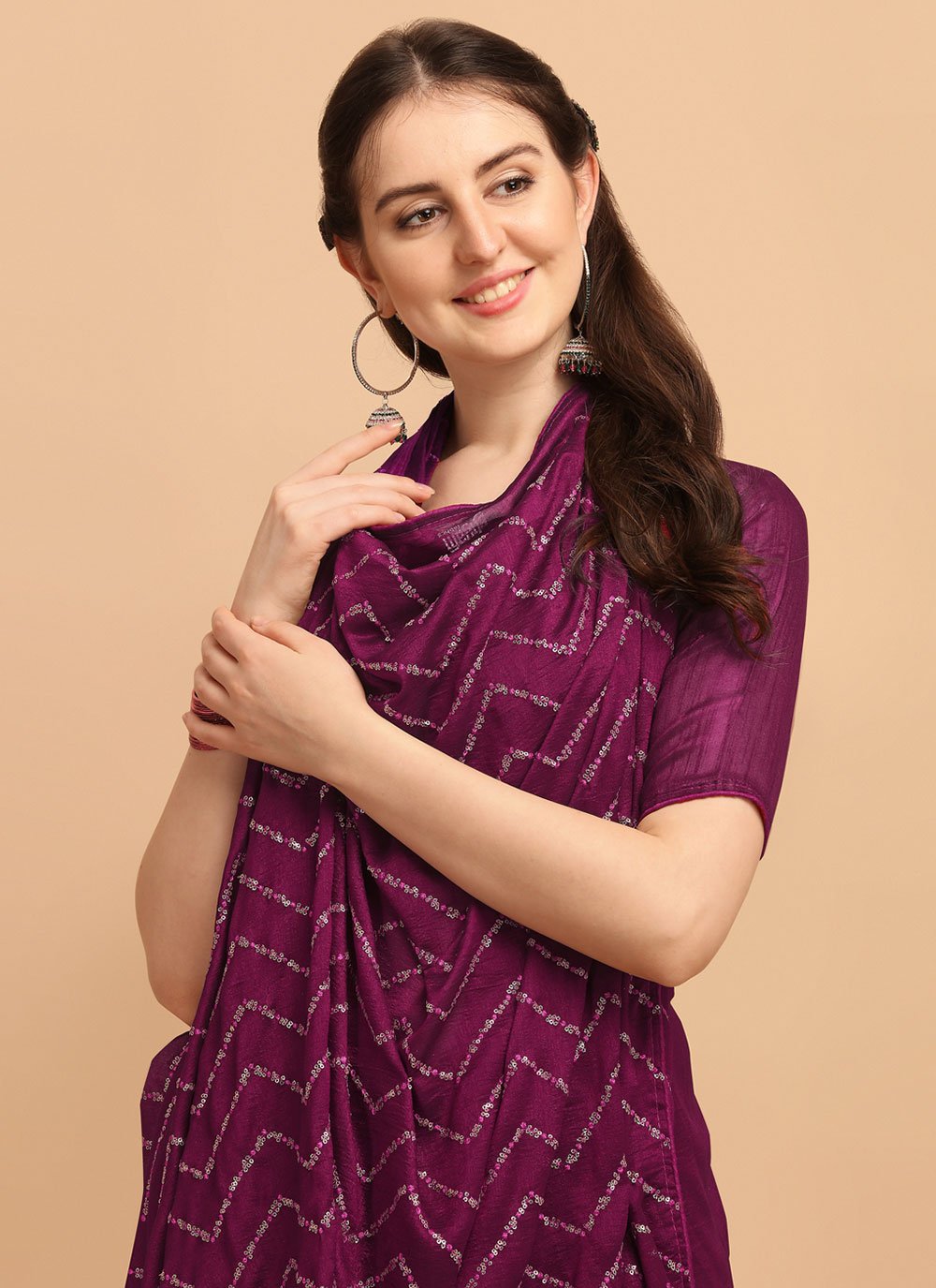 Classic Vichitra Silk Purple Sequins Saree