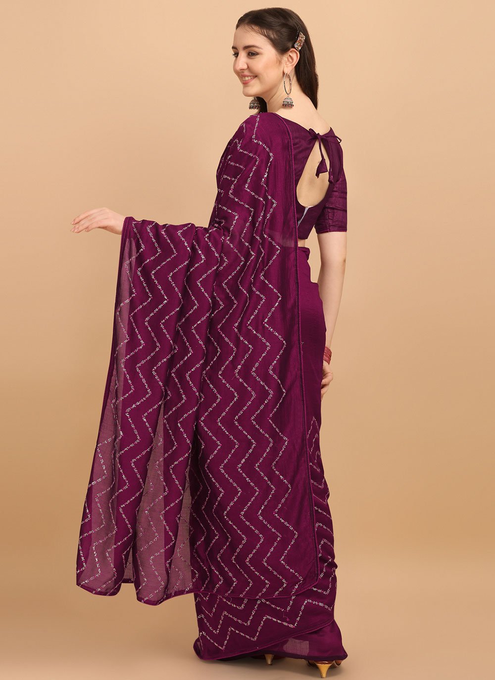 Classic Vichitra Silk Purple Sequins Saree