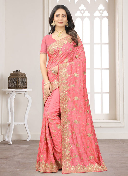 Trendy Saree Vichitra Silk Pink Embroidered Saree