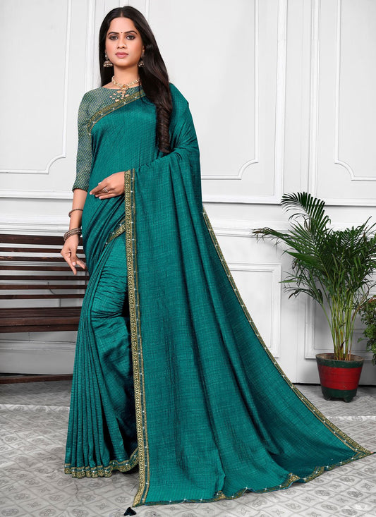 Contemporary Vichitra Silk Teal Patch Border Saree