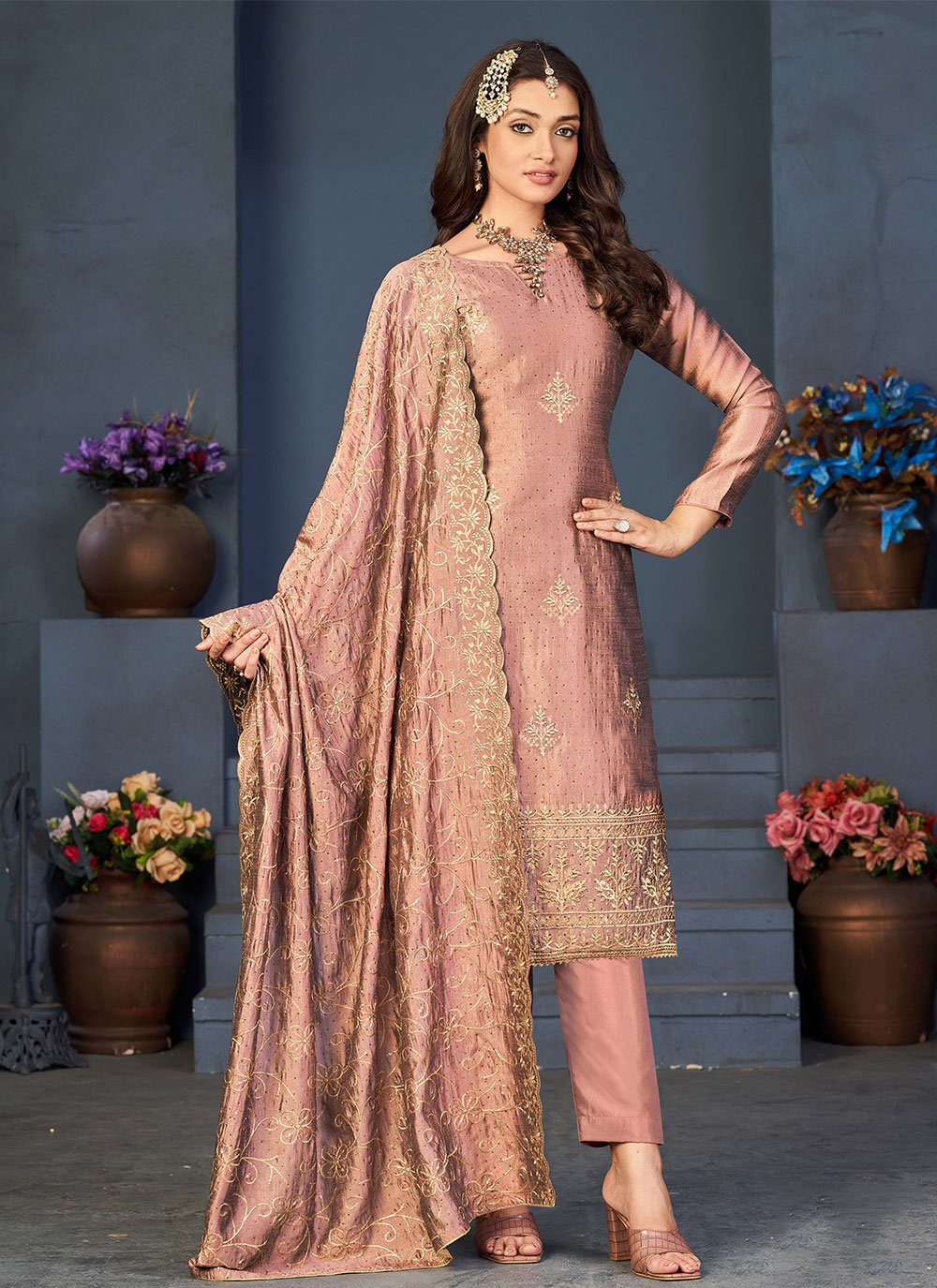 Salwar Suit Vichitra Silk Peach Embroidered Salwar Kameez