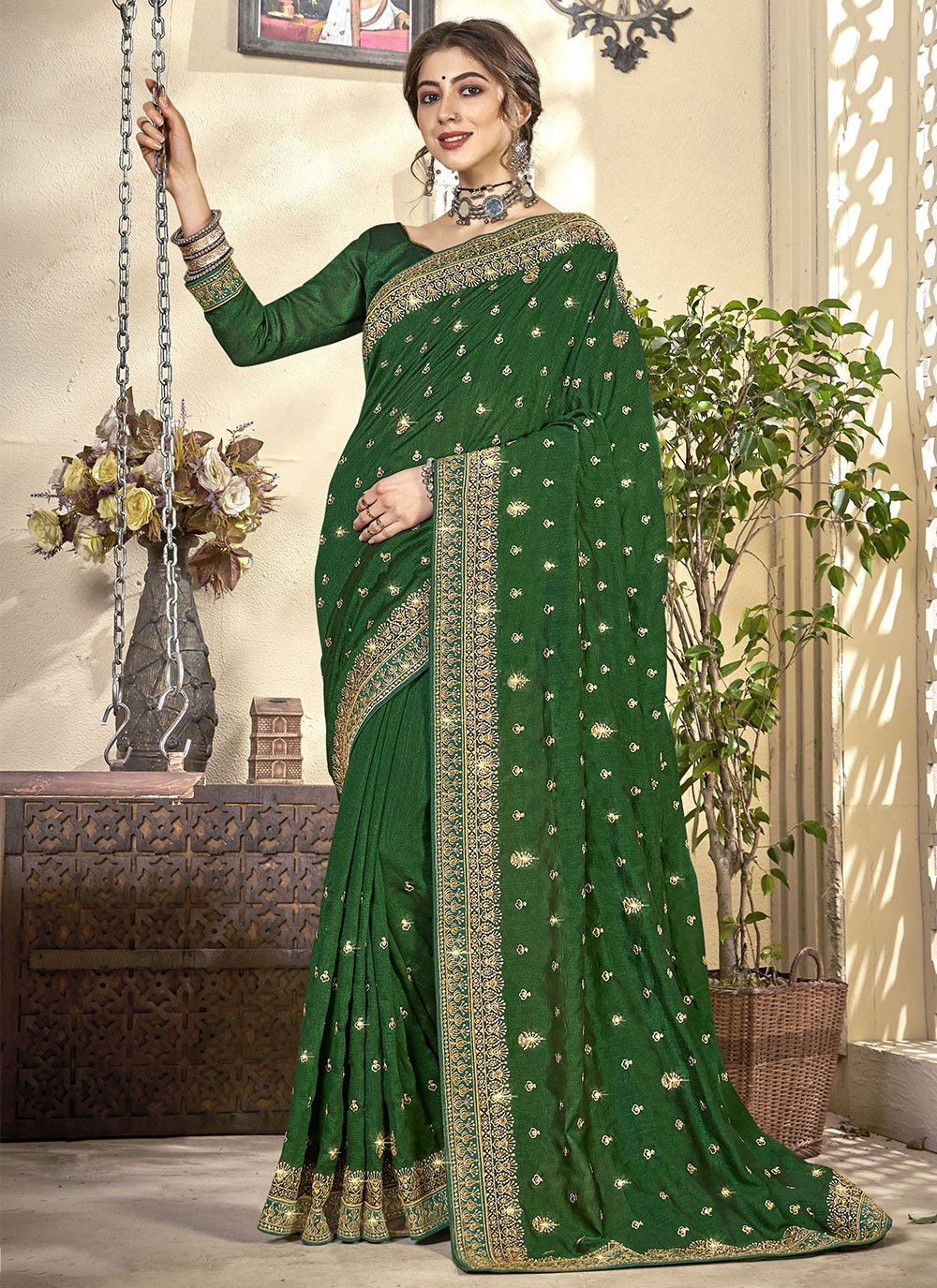 Trendy Saree Vichitra Silk Green Diamond Saree