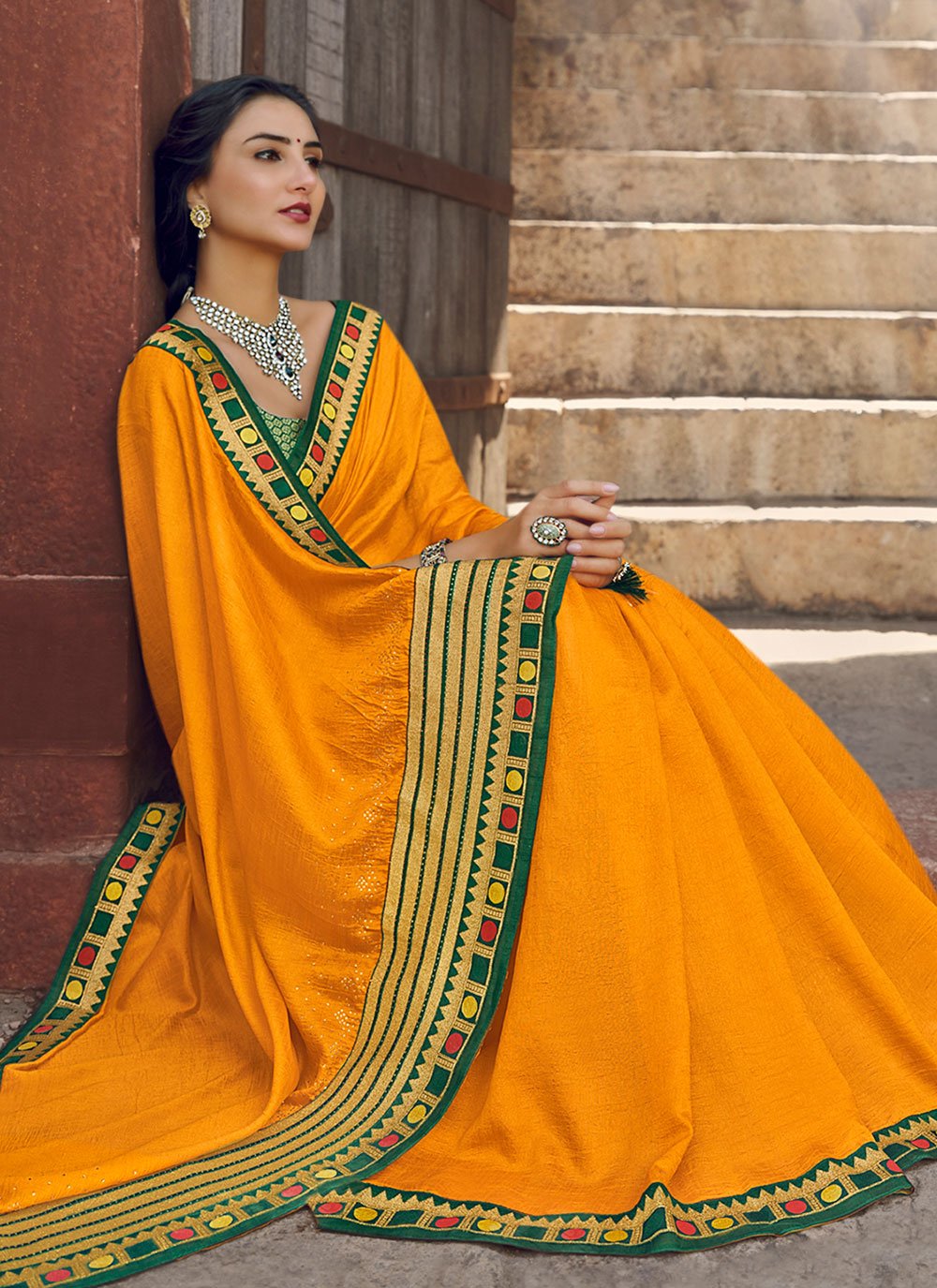 Trendy Saree Vichitra Silk Orange Embroidered Saree