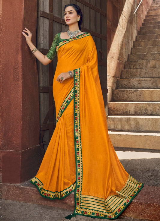 Trendy Saree Vichitra Silk Orange Embroidered Saree