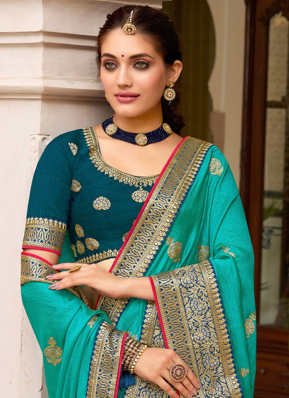 Designer Vichitra Silk Turquoise Embroidered Saree