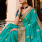 Designer Vichitra Silk Turquoise Embroidered Saree