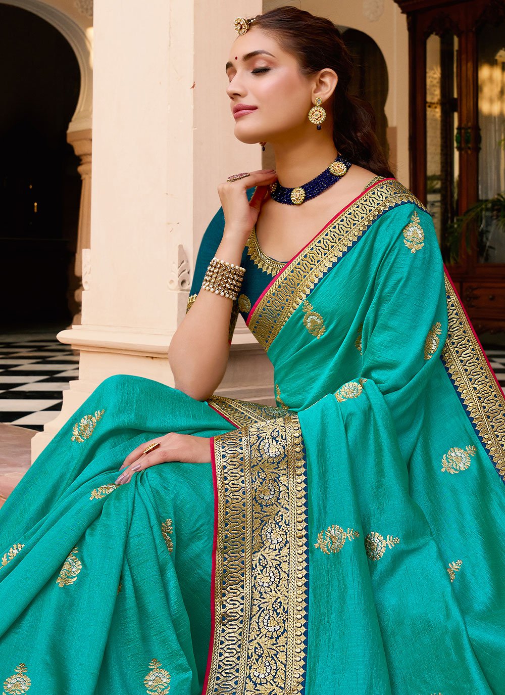 Designer Vichitra Silk Turquoise Embroidered Saree