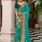 Designer Vichitra Silk Turquoise Embroidered Saree