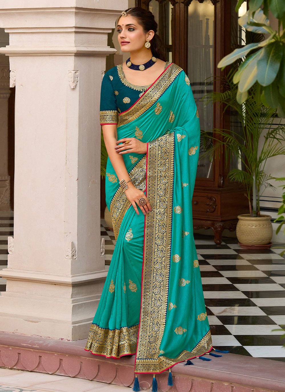 Designer Vichitra Silk Turquoise Embroidered Saree