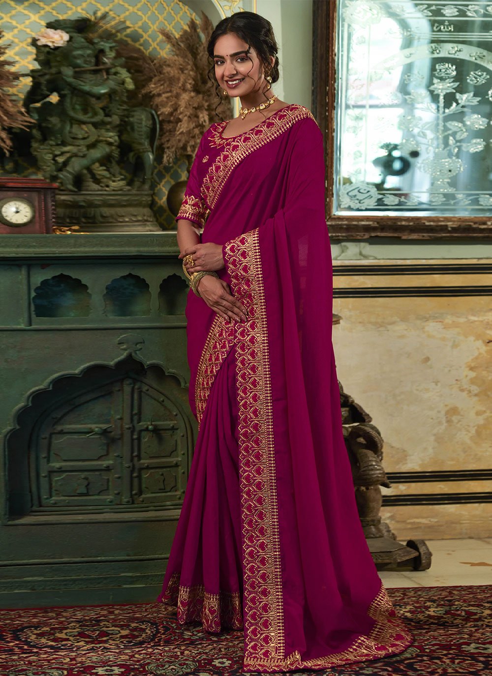 Trendy Saree Vichitra Silk Violet Embroidered Saree