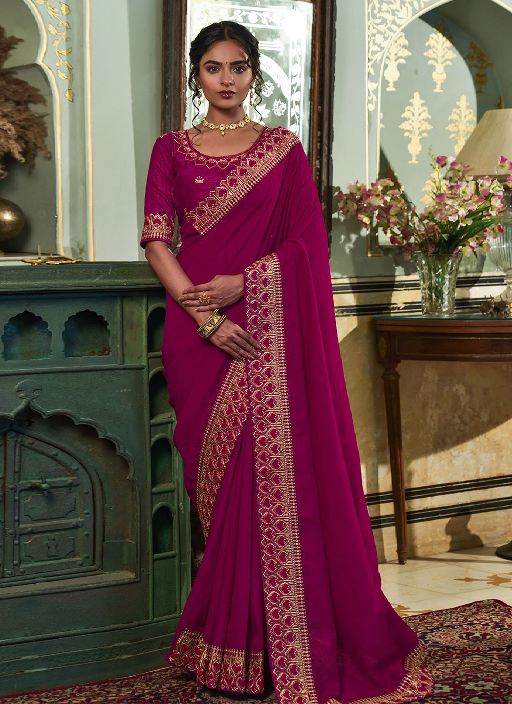 Trendy Saree Vichitra Silk Violet Embroidered Saree