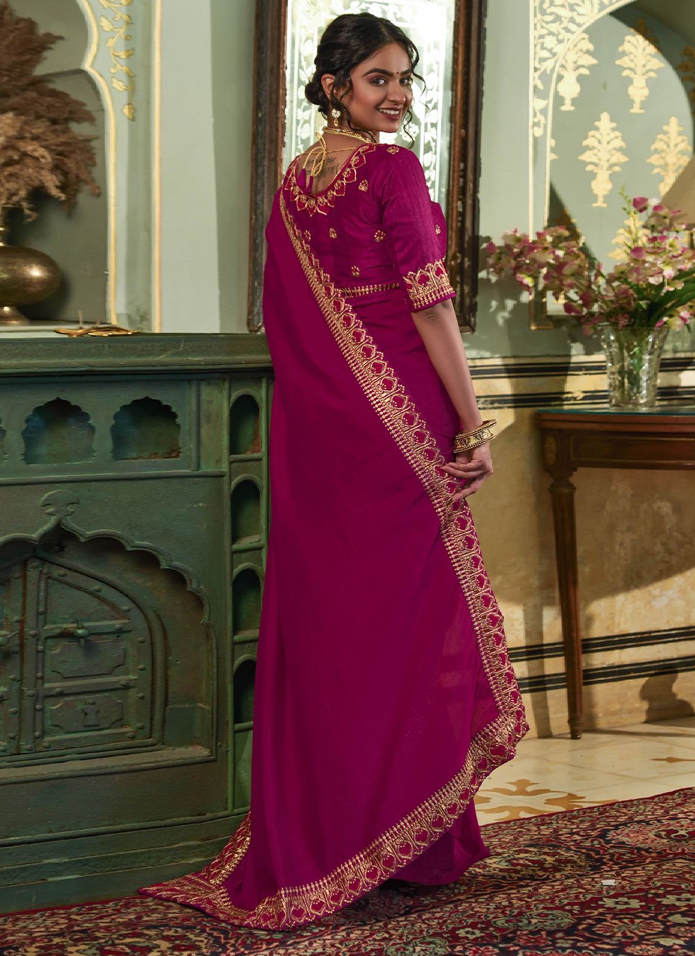 Trendy Saree Vichitra Silk Violet Embroidered Saree