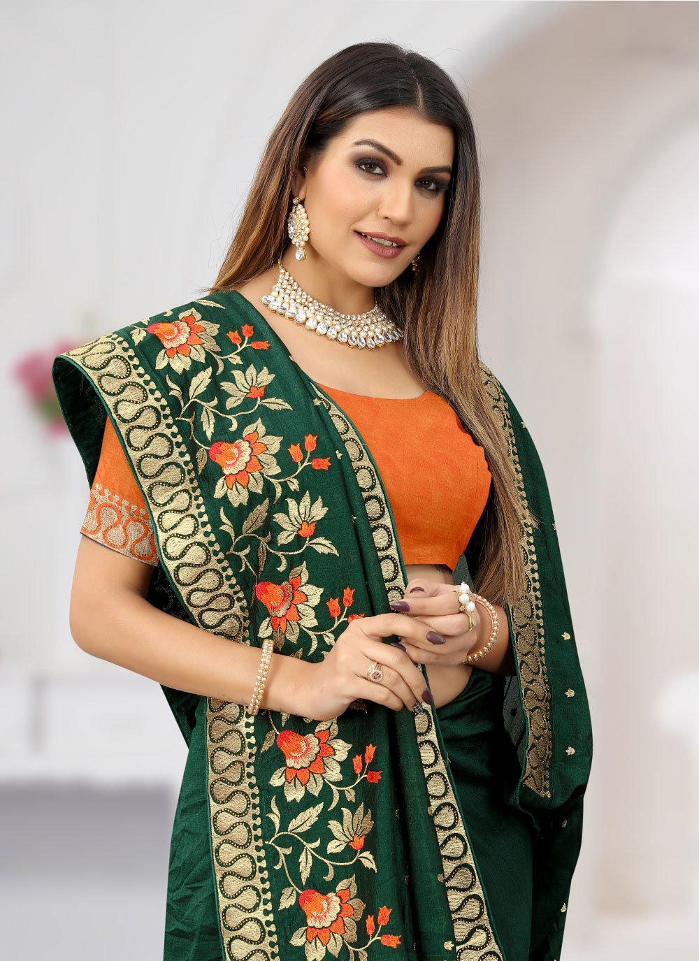 Designer Vichitra Silk Green Embroidered Saree