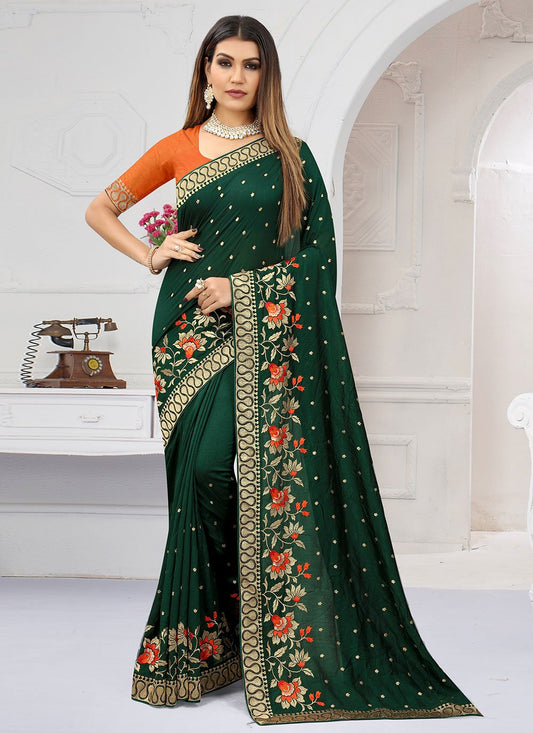 Designer Vichitra Silk Green Embroidered Saree