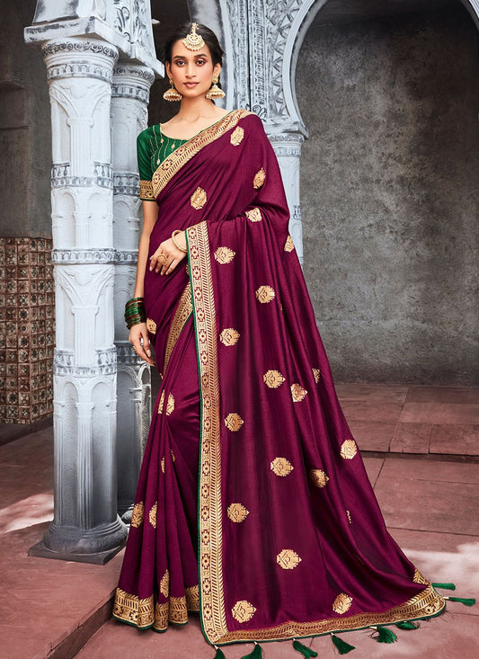 Trendy Saree Vichitra Silk Wine Embroidered Saree