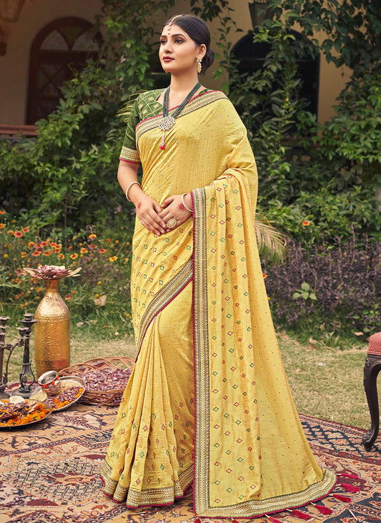 Designer Vichitra Silk Yellow Embroidered Saree